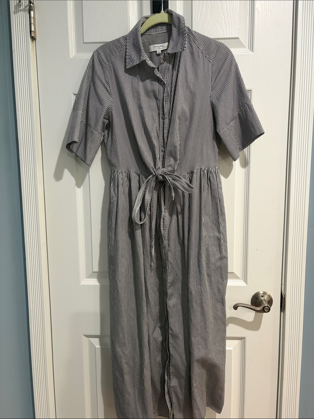 Adam Lippes Black and White Pinstripe Midi Shirt Dress with Waist Tie